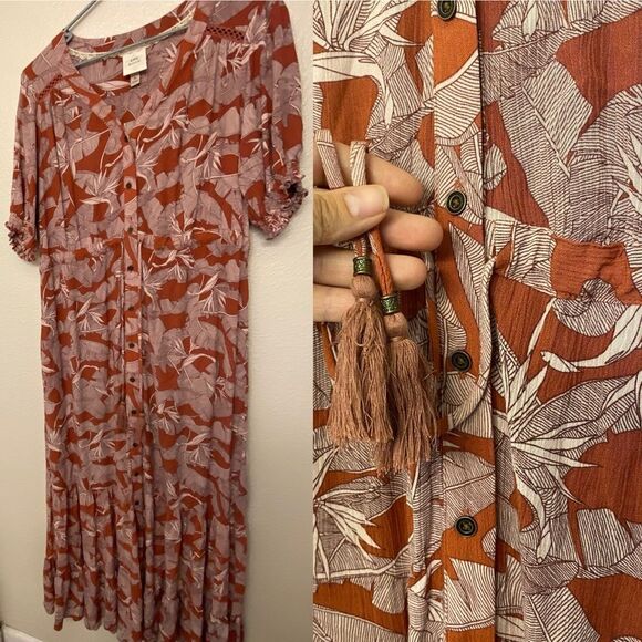Knox Rose long maxi boho button front tassel tropical red short sleeve dress M - Picture 1 of 12